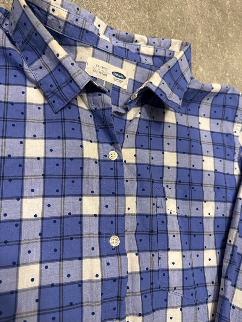 Like New Old Navy Women’s Classic Button Down Blue Polka Dot & Plaid Size L